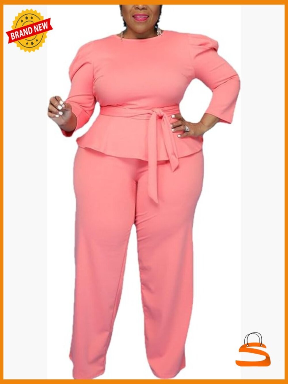 Plus Size 2 Piece Wide Leg Pants Set Long Sleeve Shirt Pant Sets With Belt